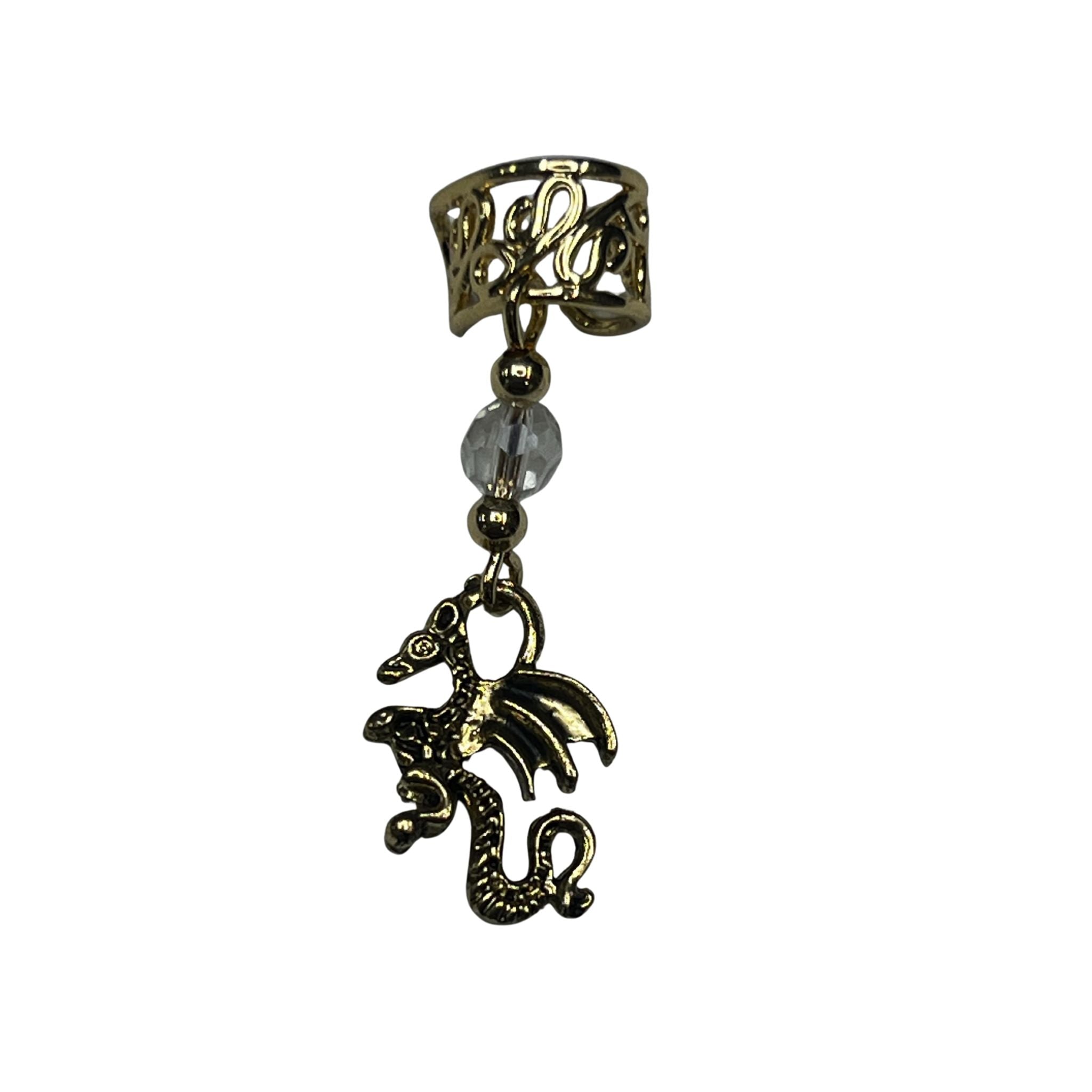 Gold Dragon Charm Ear Cuff – Unique Non-Piercing Fantasy Jewelry front view