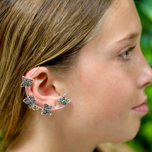 Model wearing Crescent Moon Butterfly Elf Cuff - Silver Lightweight Ear Jewelry