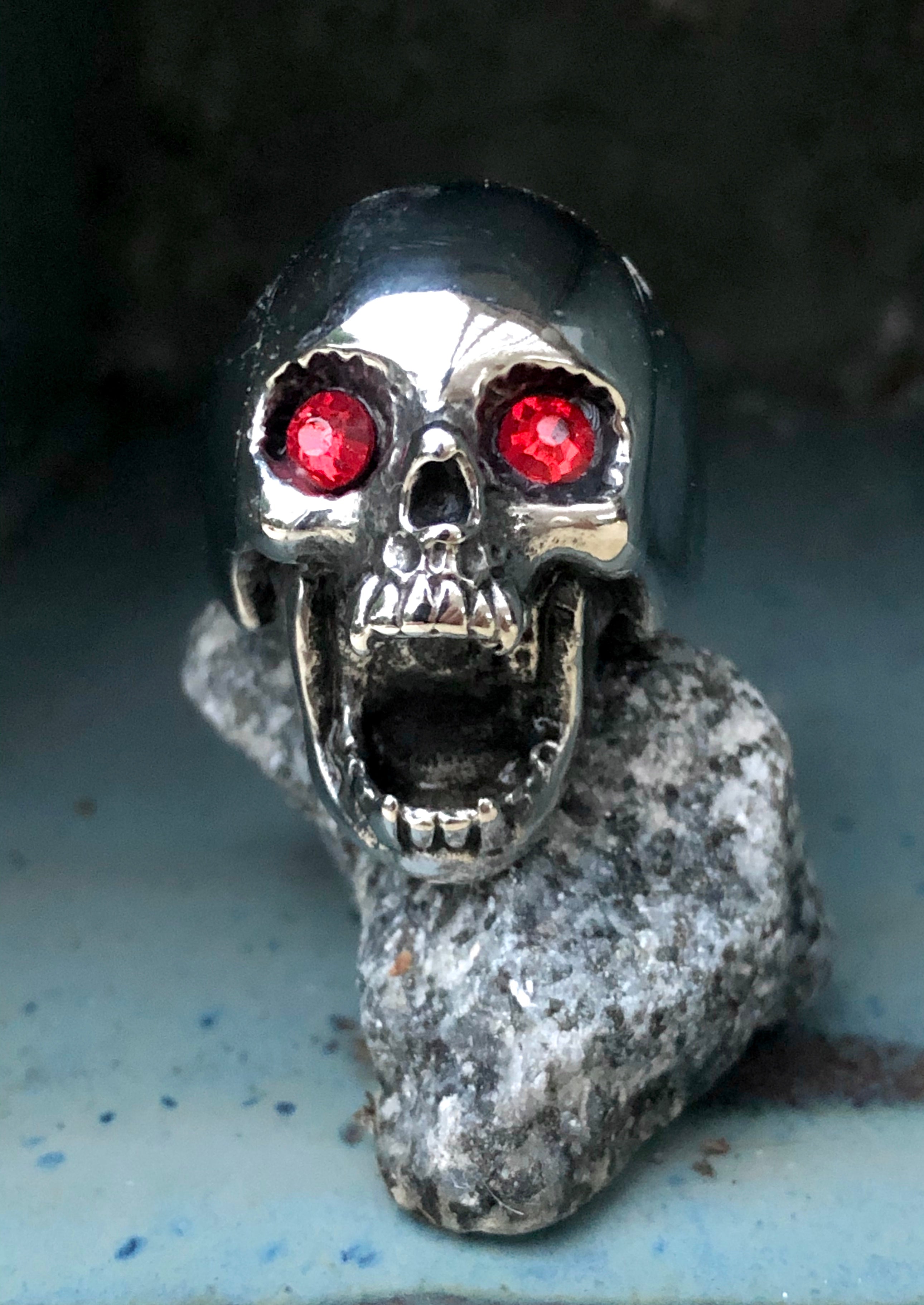 Skull Bottle Opener Ring - Stainless Steel Red Eye Gothic Jewelry styled for biker gothic lifestyle
