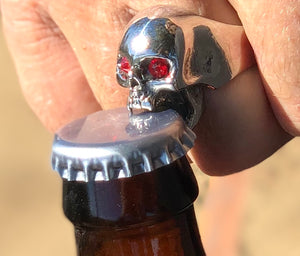 Model wearing Skull Bottle Opener Ring - Stainless Steel Red Eye Gothic Jewelry biker look