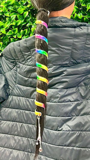 Model wearing Ponytail Wrap - 12" Unicorn Rainbow Leather Vibrant Hair Accessory