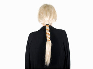 Model wearing Brown Leather Rivet Ponytail Wrap - 6" Biker Hair Accessory