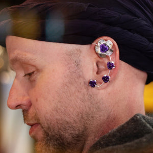 Model wearing Plumeria Rose Elf Ear Cuffs - Silver Lightweight Non Piercing Jewelry