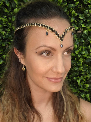 Model wearing Braided Ribbon Crown - Handcrafted Wire Band with Crystal