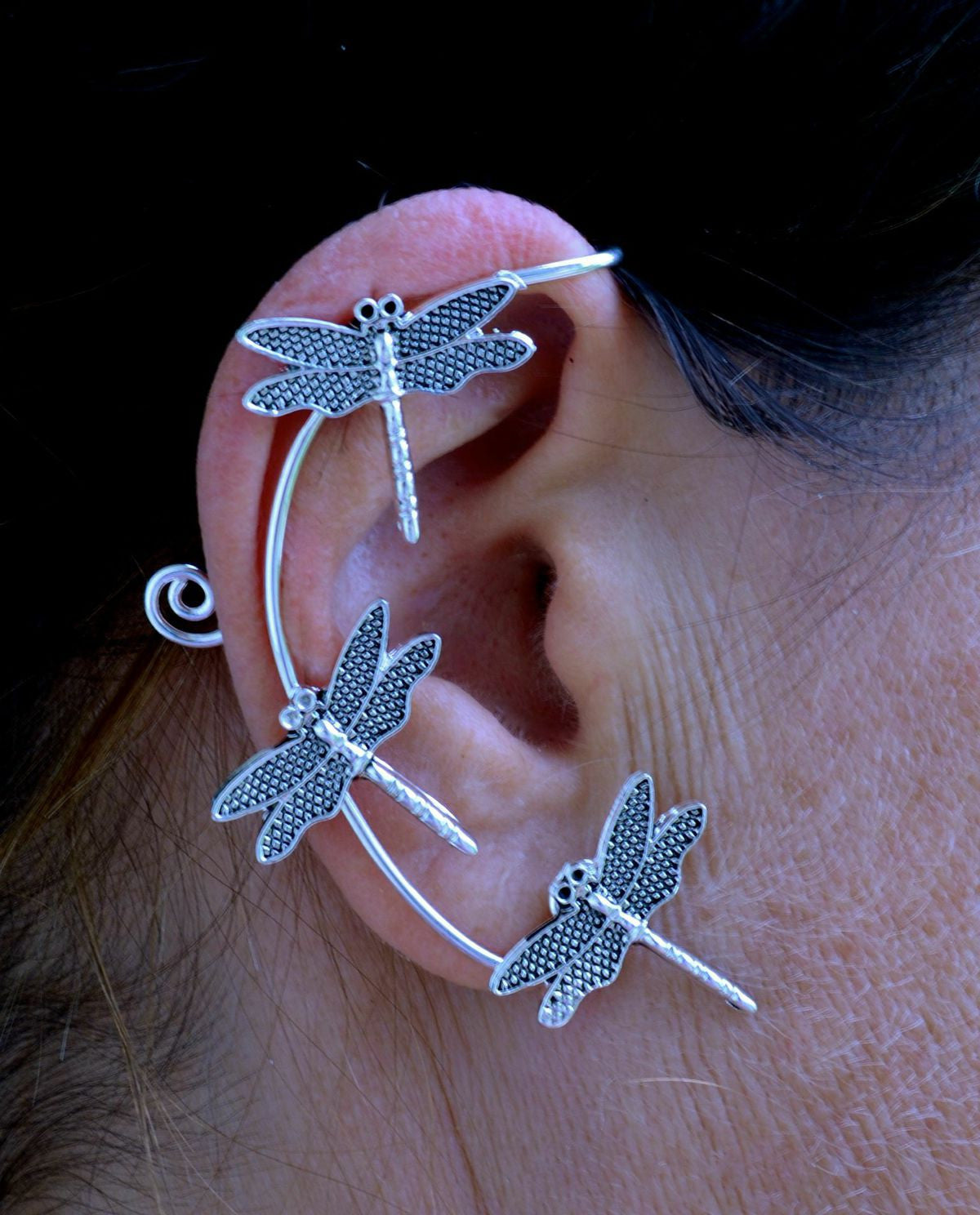 Medieval Metal - Elf Cuff Dragonfly Silver Front View With Model Zoom (EF17-S) 