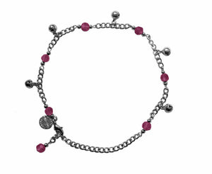 Medieval Metal - Anklet Silver Bells and Purple Beads (AT-04-PU-S)