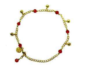 Medieval Metal - Anklet Gold Bells and Red Beads (AT-04-RD-G)