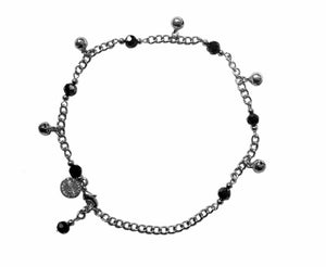 Medieval Metal - Anklet Silver Bells and Black Beads (AT-04-BK-S)